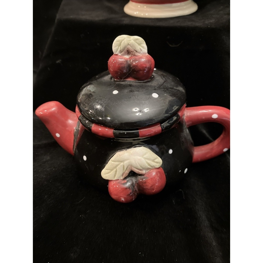 Vtg Mary Engelbreit Bkack & Red Polka Dot Cherry Teapot Candle Holder New Unused